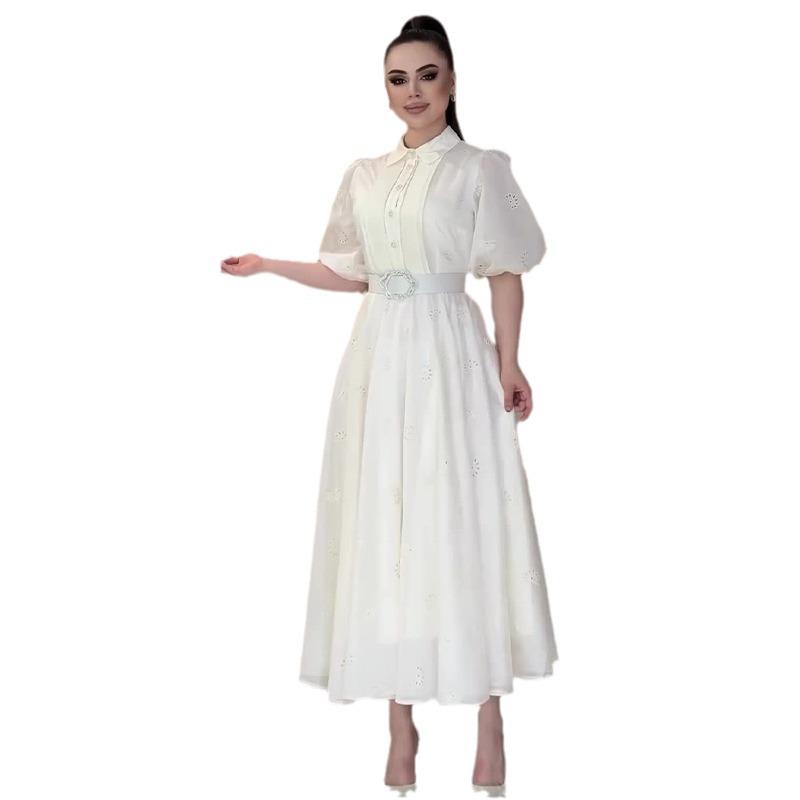 Летнее женское однотонное элегантное длинное платье с пышными рукавами и завязкой на талии