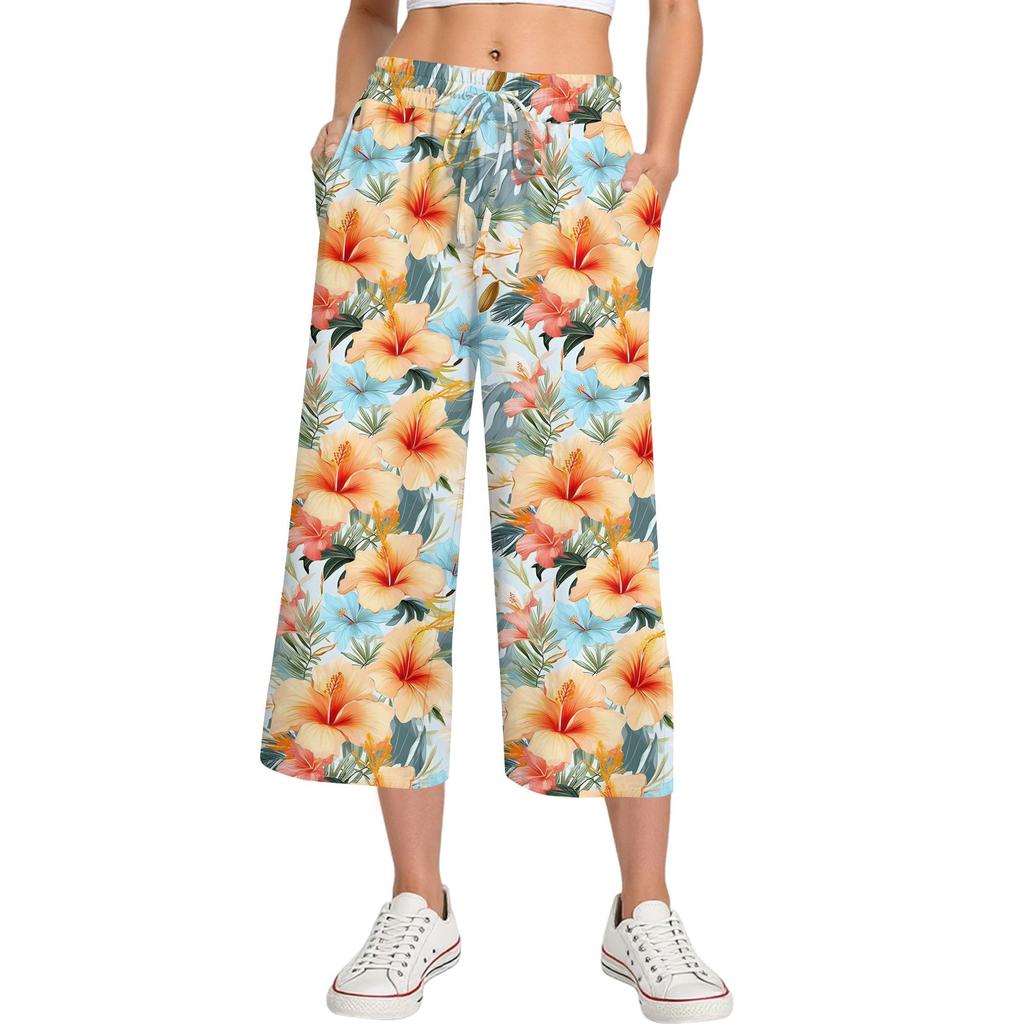Женские летние повседневные спортивные брюки с высокой талией и принтом, укороченные брюки свободного покроя