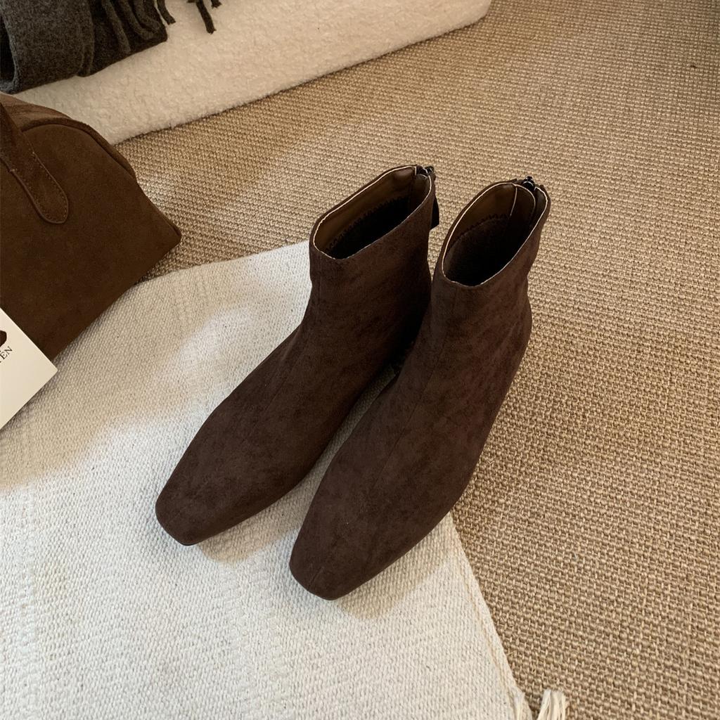 Корейские замшевые французские ботильоны на толстом каблуке с квадратным носком, тонкие короткие ботинки, женская обувь, осенне-зимние новые ботинки Martin