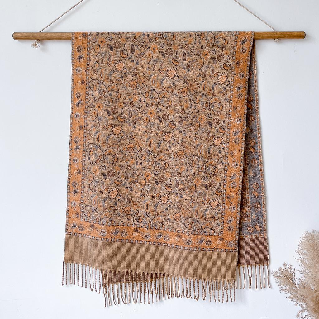 Versatile Retro Flower Pattern Hong Kong Style Imitation Cashmere Women's Warm Scarf Fashion Long Beard Fringed Shawl