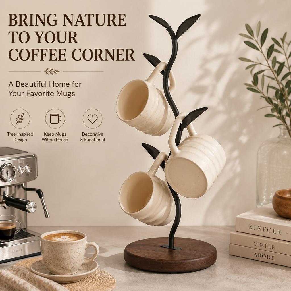 Tree-Shaped Mug Holder Stand with Wooden Base, Decorative Metal Cup Rack for Coffee Mugs, Tea Cups & Accessories, Countertop Kitchen Organizer