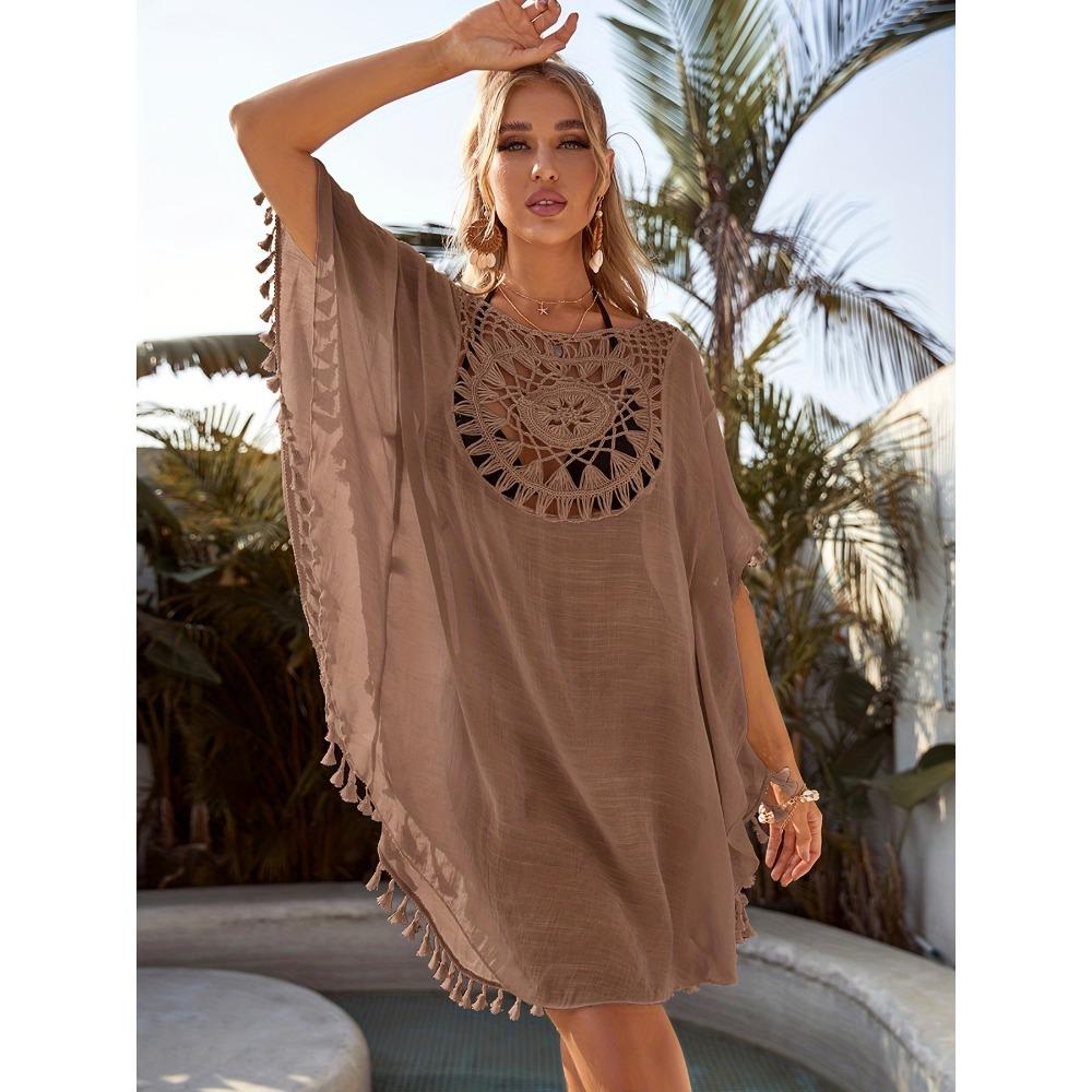 Вязаная крючком накидка в стиле бохо, женская накидка с круглым вырезом и кисточками, свободная посадка, женские купальники