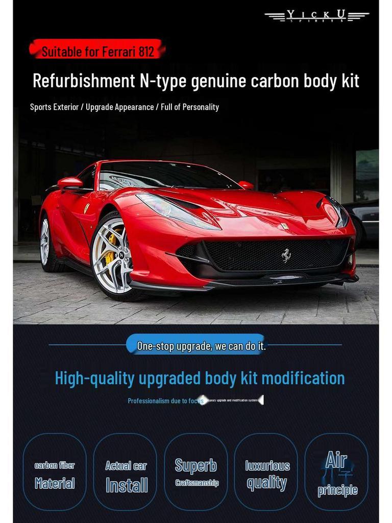 Fits Ferrari 812 N Models: Real Carbon Fiber Front Lip, Side Skirts, Center Lip, Rear Bumper Corners, Tail Wing Trim, Mirror Housings.