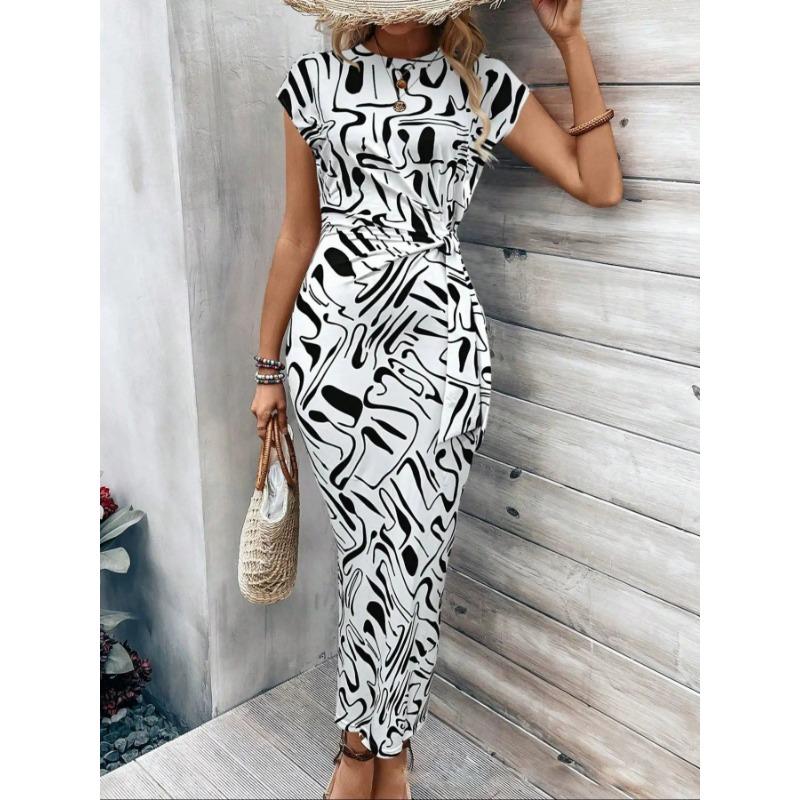 Женские летние темпераментные элегантные платья с завязками на талии в полоску с круглым вырезом и короткими рукавами