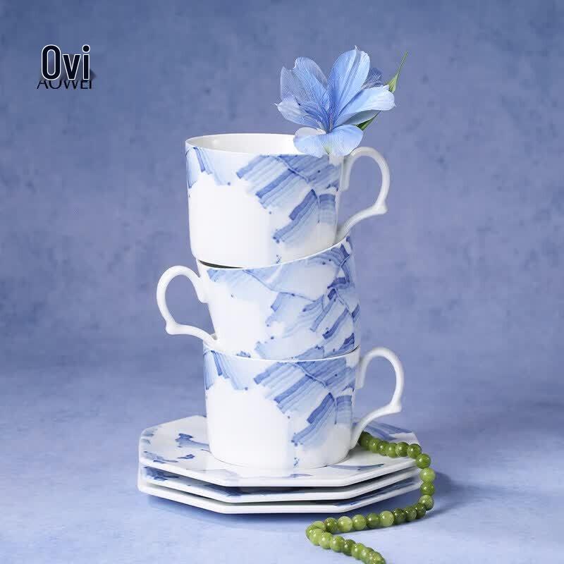 Керамический набор для кофе с блюдцем Aowei Jingdezhen, подглазурная роспись
