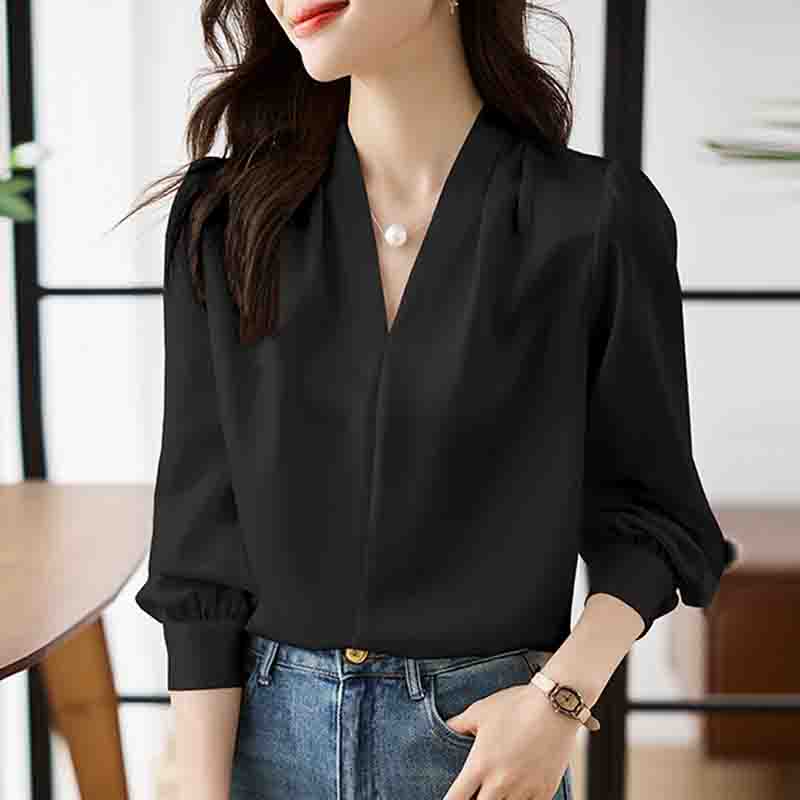 Модная новая осенняя женская блузка с длинным рукавом и V-образным вырезом для офисных леди, черная белая шифоновая рубашка, женские топы J741