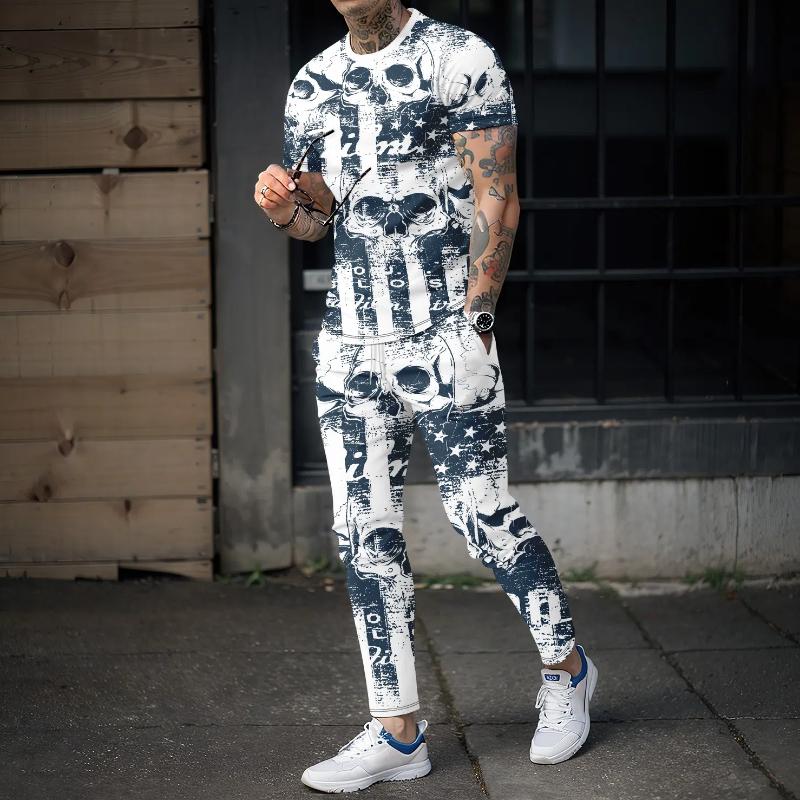 Новые летние мужские спортивные брюки, комплект из 2 предметов, футболка с короткими рукавами и принтом черепа 3D + брюки, уличная мода, праздничная мужская одежда