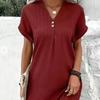 Летнее женское платье с V-образным вырезом и пуговицами с короткими рукавами Свободный однотонный пуловер Повседневная повседневная одежда Мини-платье для свиданий