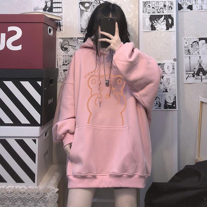 Толстовка с капюшоном, женская осенне-зимняя стеганая свободная удобная толстовка с медведем, повседневный пуловер большого размера, топ