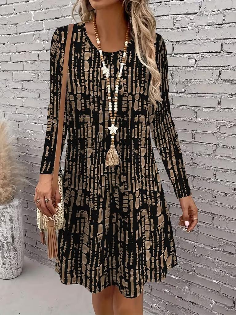 Women's Long Sleeved Round Neck Mini Dress, 3D Retro Geometric Pattern Printed Casual Vacation Style Dress Vestidos De Mujer