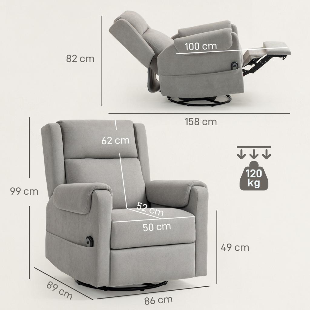 Electric Reclining Armchair, Swivel and Tilt, Adjustable Footrest, Remote Control, Light Gray