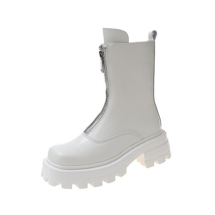 Brand Zipper Women Boots Square Toe Ladies Shoes Med Heels Platform Outwear Winter Leather Thicken Ankle Boots Botas De Mujer
