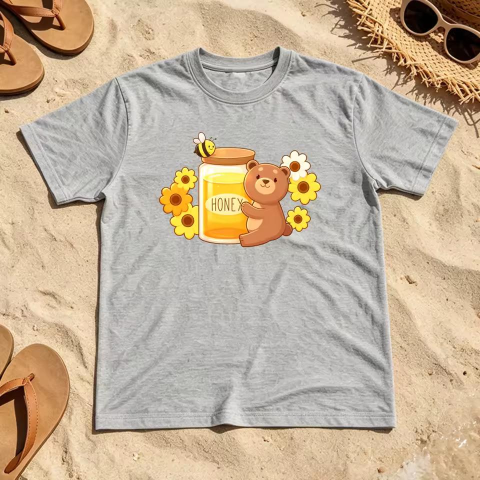 2026 Cute Honey Bear Jar Bee Daisy Cartoon Women Summer Cotton T Shirt Lovely Animal Sweet Holiday Casual Tee