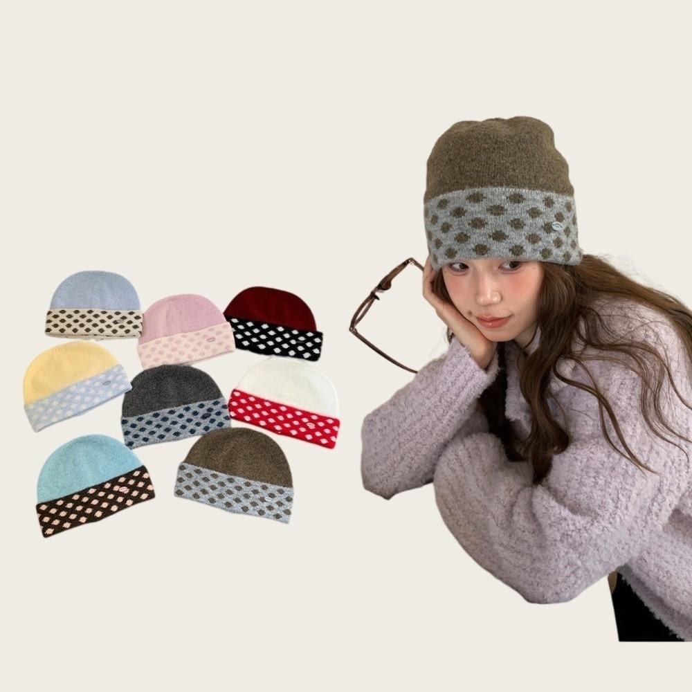 Polyester Polka Dot Beanie Earflap Warm Winter Hat Korean Style Knitted Beanie Hat For Women