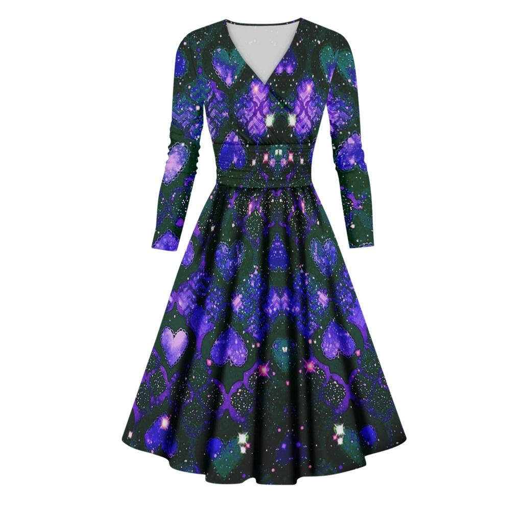 Женское повседневное и модное сексуальное платье с v-образным вырезом и длинными рукавами с принтом