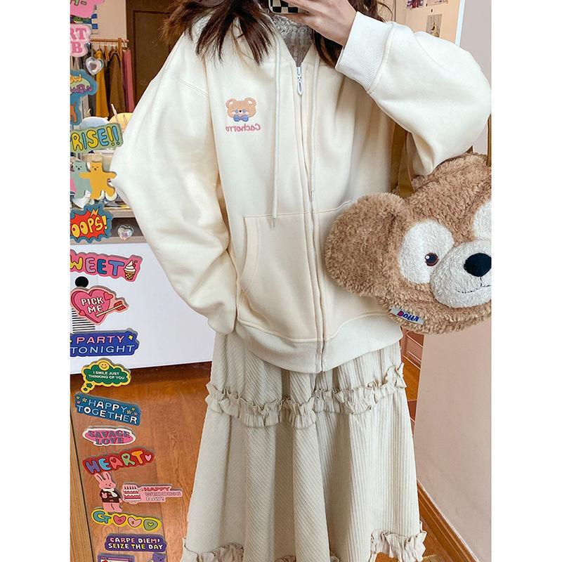 Japanese Harajuku Sweet Kawaii Bear Zip-up Hoodies Women Soft Girls School Student Hooded Sweatshirt Autumn Kpop