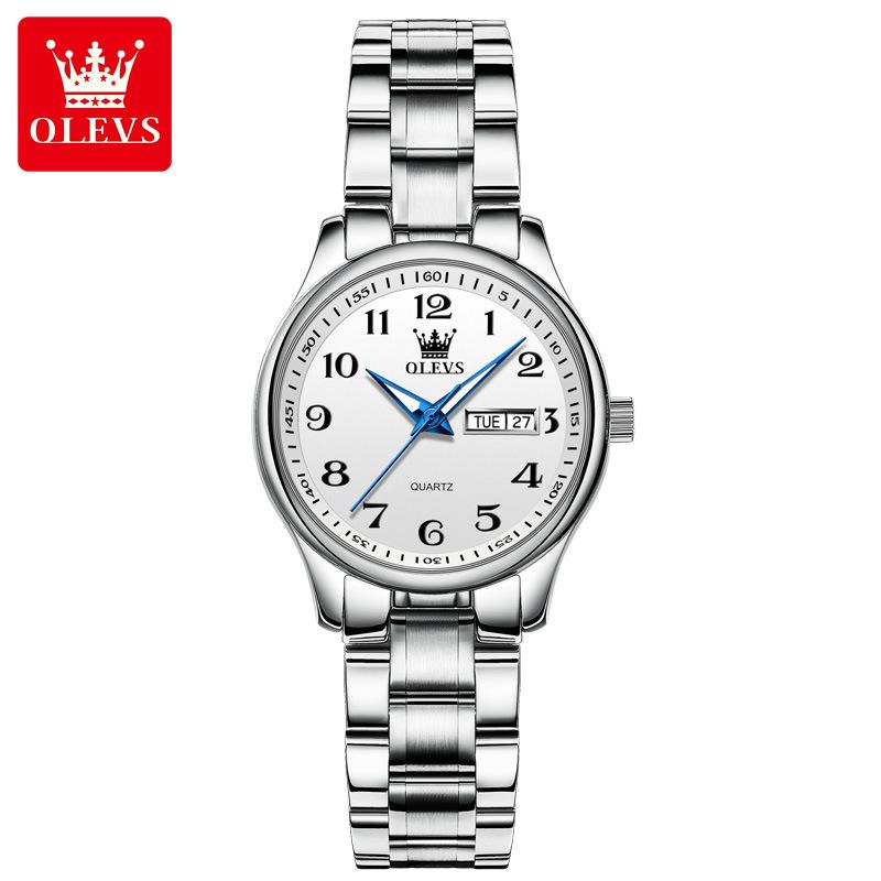 OLEVS Quartz Watch for Women Luxury Waterproof Luminous Stainless Steel Watches Big Numeral Dual Calendar Ladies Wristwatch