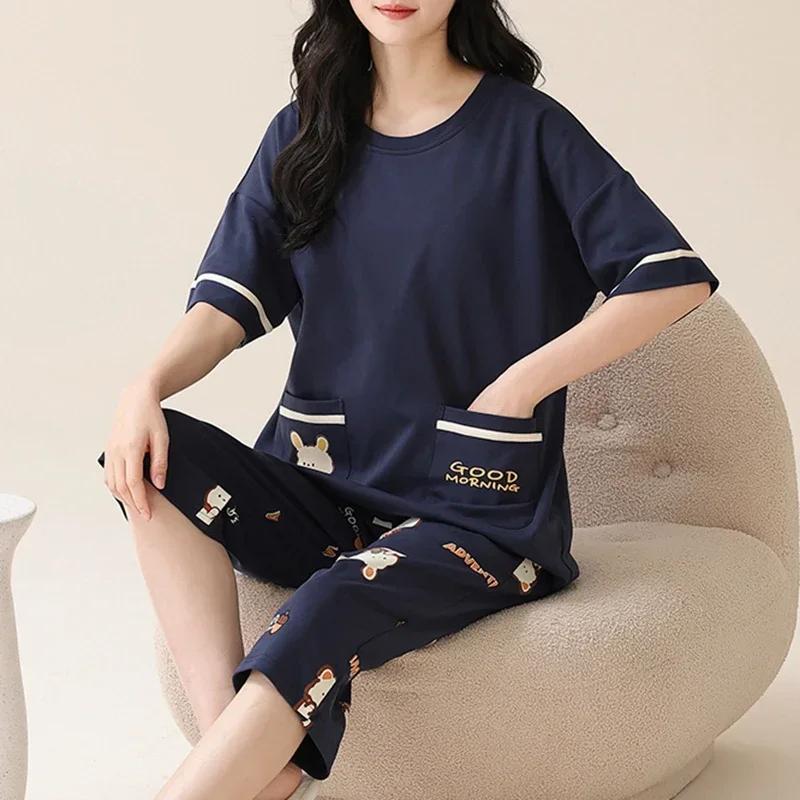 Летние пижамы-капри для женщин, повседневные пижамные комплекты с мультяшными лацканами, милая пижама для девочек из мягкого хлопка