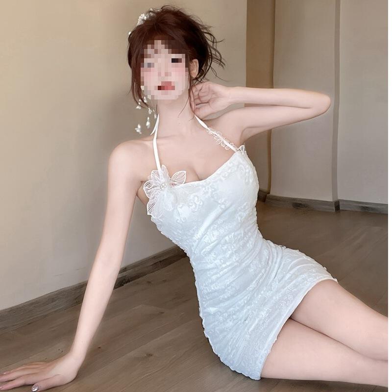 Spice girl sexy pure lace neck sling dress temperament three-dimensional flower decoration backless slim hip skirt