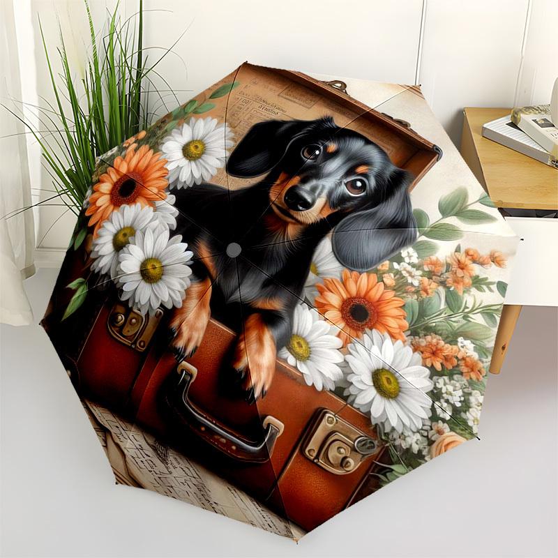 1pc Dachshund in suitcase with flowers Umbrella with Plastic Handle,Suitable for All Seasons Home Travel Outdoor Umbrellaptys31047