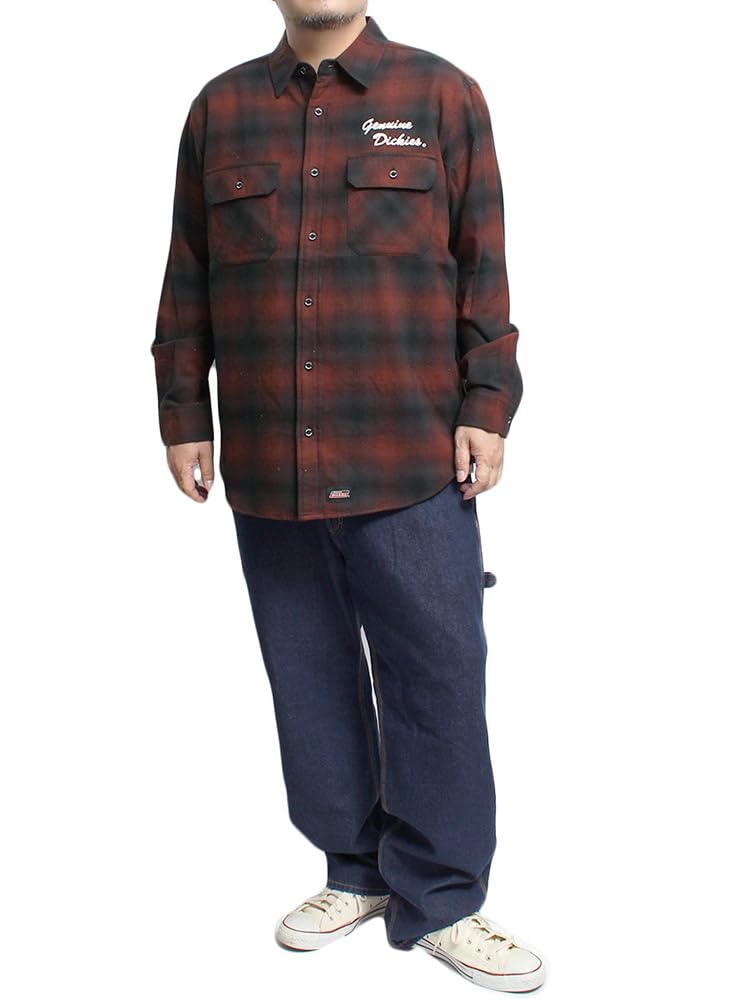 GENUINE DICKIES Men's Check Shirt, Plus Size, Logo Embroidery, Long Sleeve, Work Shirt, Size 5L, Red (01)