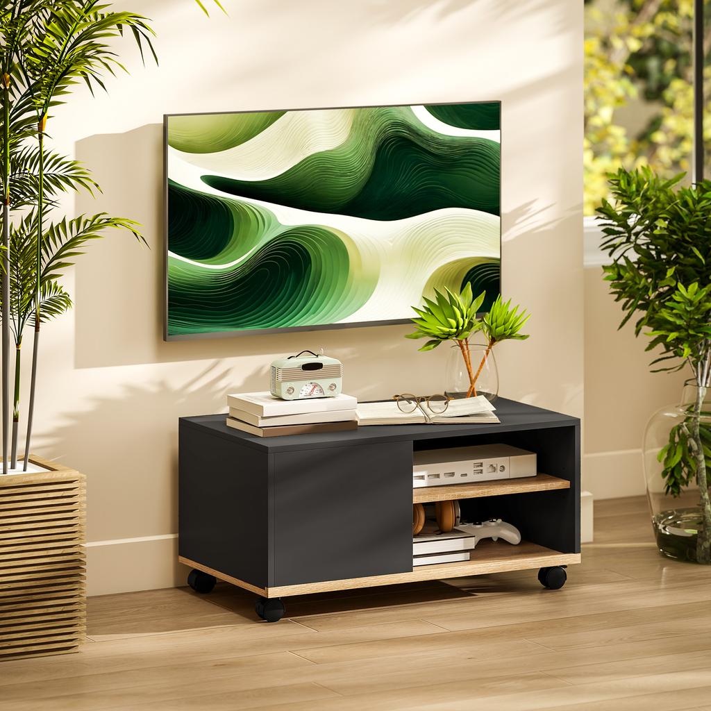 TV Stand on Casters with Brakes, TV Cabinet with Cupboard and Adjustable Shelf, Black and Oak