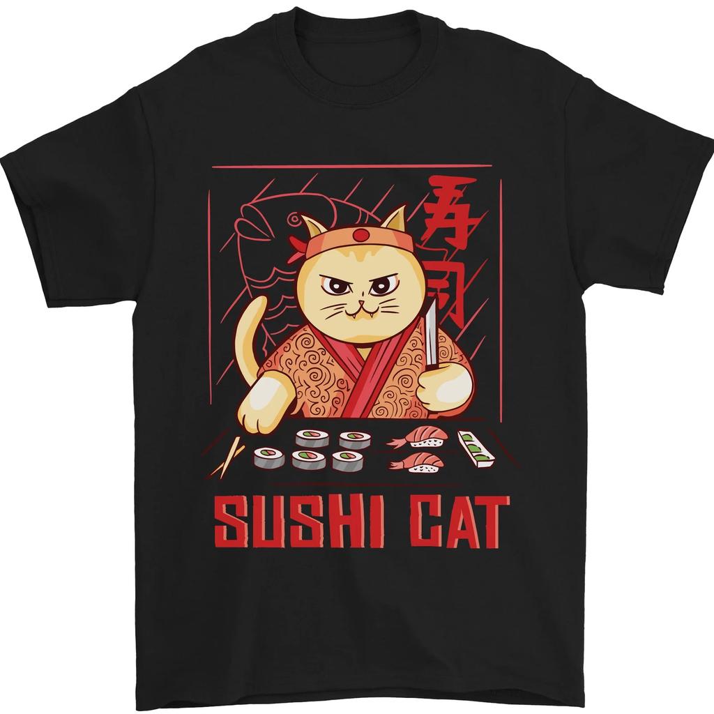Funny Sushi Cat Food Fish Chef Japan Mens T-Shirt 100% Cotton