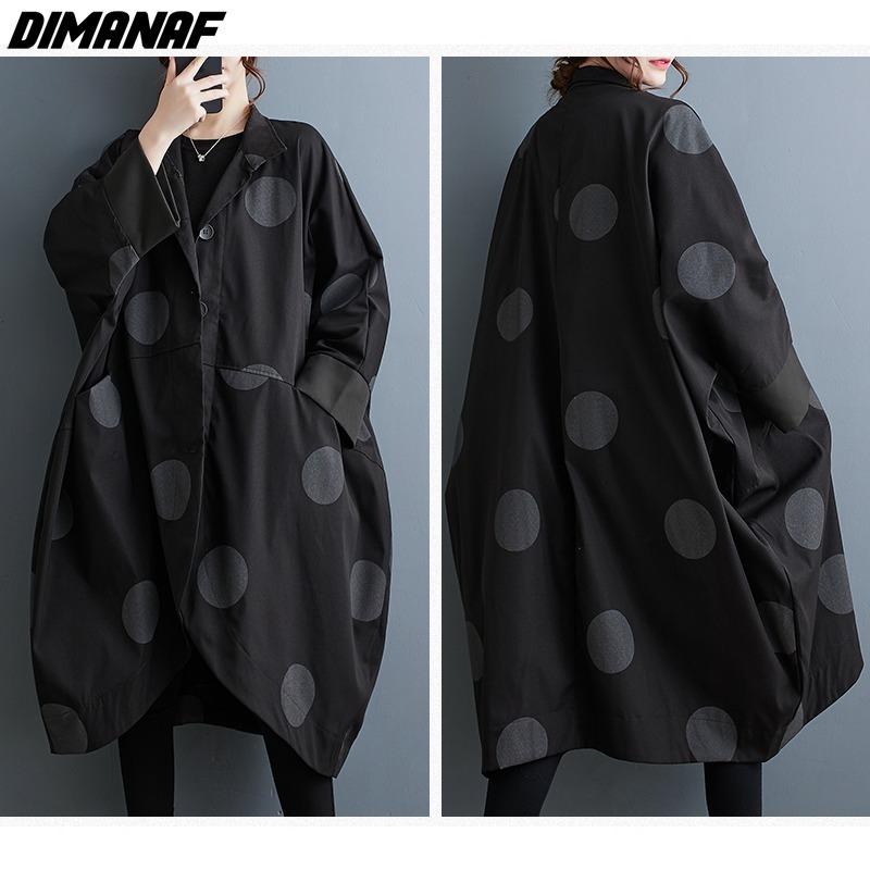 DIMANAF Большой размер Длинный тренч с винтажным принтом в горошек и рукавами «летучая мышь» на осень/зиму 2023