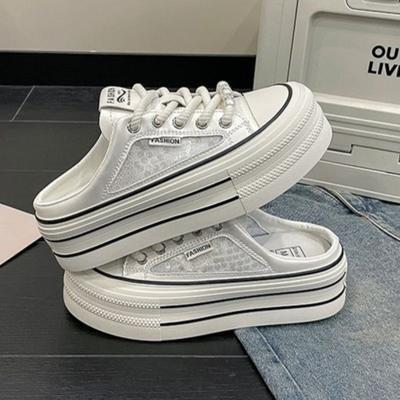 Модные летние женские шлепанцы на платформе, сетчатые дышащие парусиновые шлепанцы, модные шлепанцы-баотоу, полушлепанцы для женщин, увеличивающие рост, повседневные шлепанцы