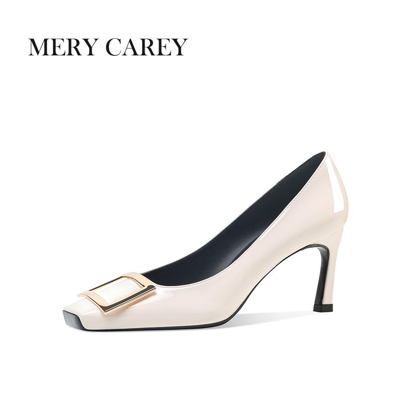 Роскошные кожаные туфли на высоком каблуке для женщин 2024 года, новые летние туфли-лодочки с квадратным носком и французским темпераментом для офиса, телесные туфли для девочек