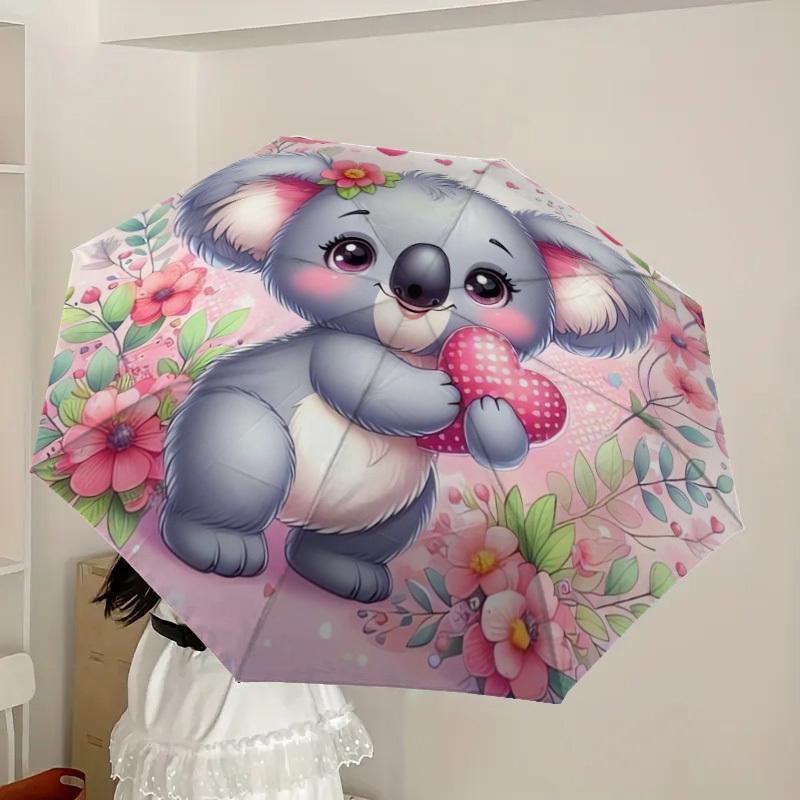 1pc Cute Koala with Heart on Floral Background Umbrella with Plastic Handle,Suitable for All Seasons Home Travel Outdoor UmbrellaDD558