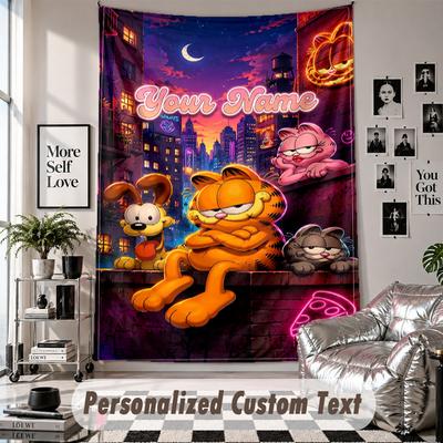Wall Hanging Tapestry With Custom Name & Text, Garfield Decorative Tapestry For Bedroom