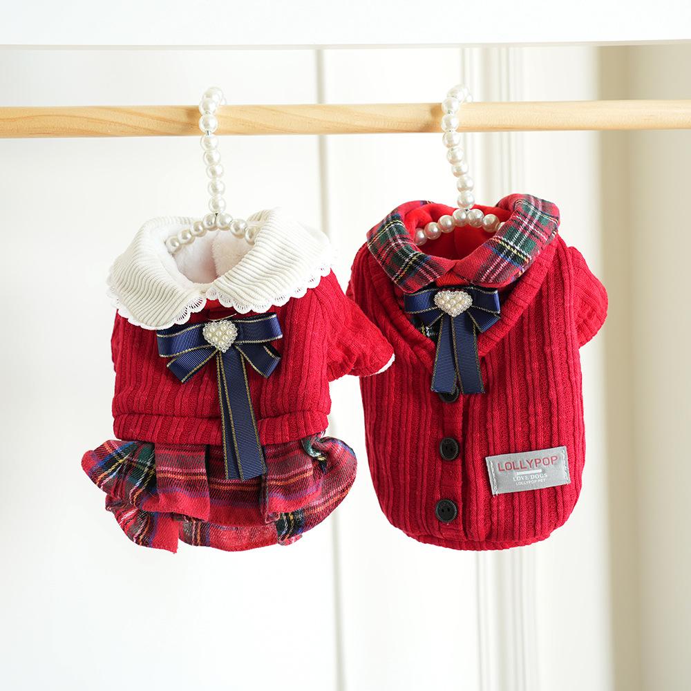 Pet Autumn/Winter Checkered Dress Teddy Thick Coat Thick Wool Couple's Coat Dog Christmas Clothes Dog Dresses for Small Dogs