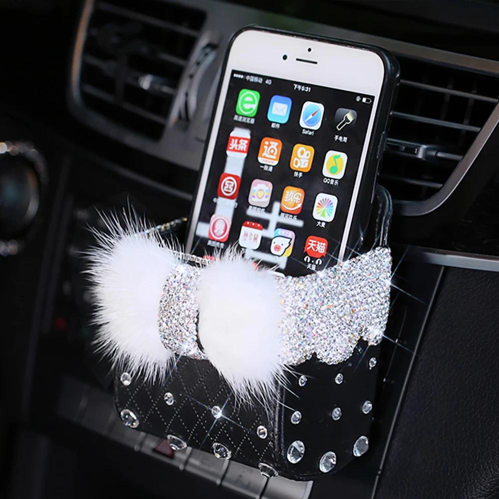 Diamond Crystal Bowknot Portable Car Vent Storage Box Bag Auto Vent Mount Holder Cosmetics Case Universal Mobile Phone Bag