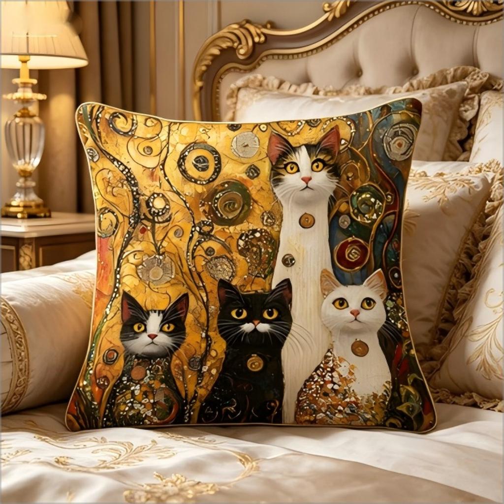 Klimt Inspired Cats Print Throw Pillow Cover, Golden Art Nouveau Cat Decorative Cushion
