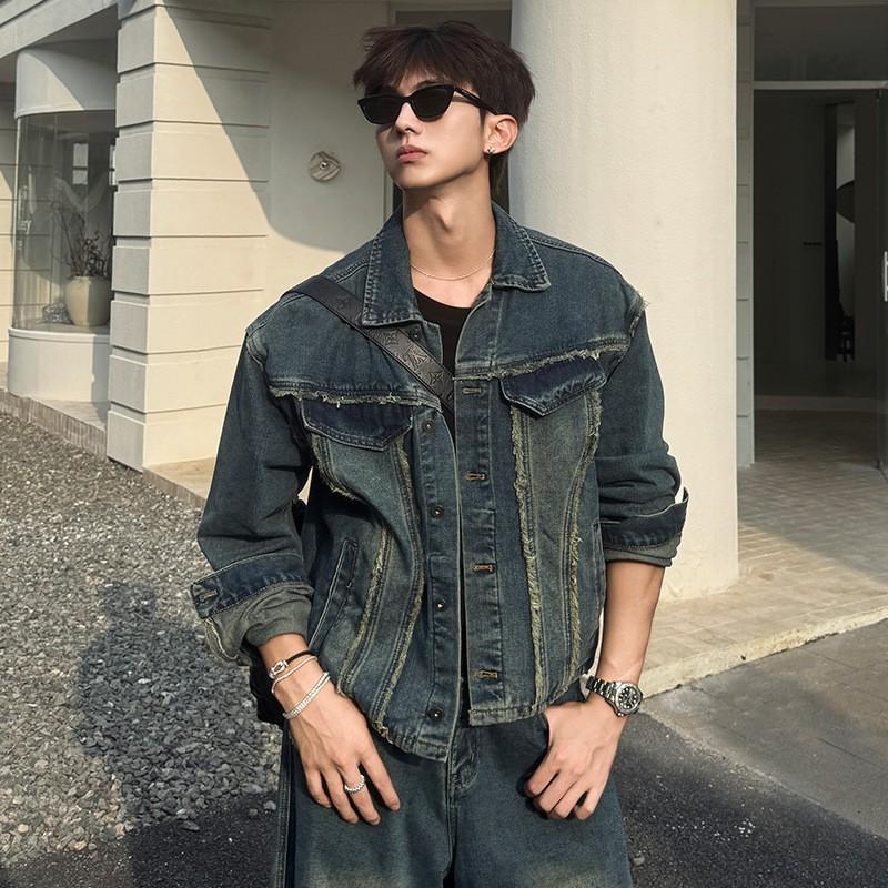 Mens Vintage Blue Denim Jacket Pants Set Retro Fall Slim Fit Two Piece Outfit