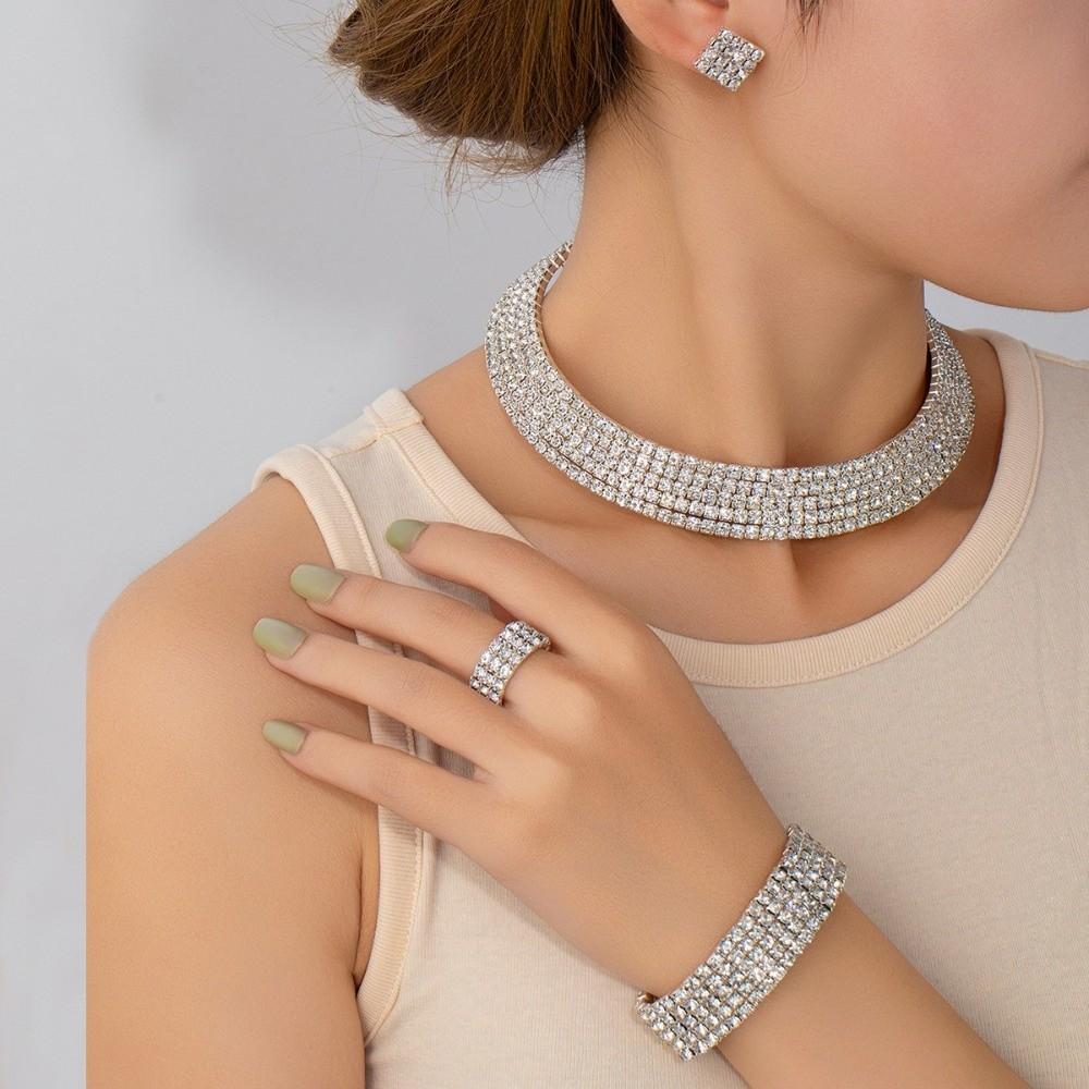 4Pcs Multilayer Necklace Bracelet Earring Ring Set Shiny Rhinestone Choker Bridal Jewelry Set Women