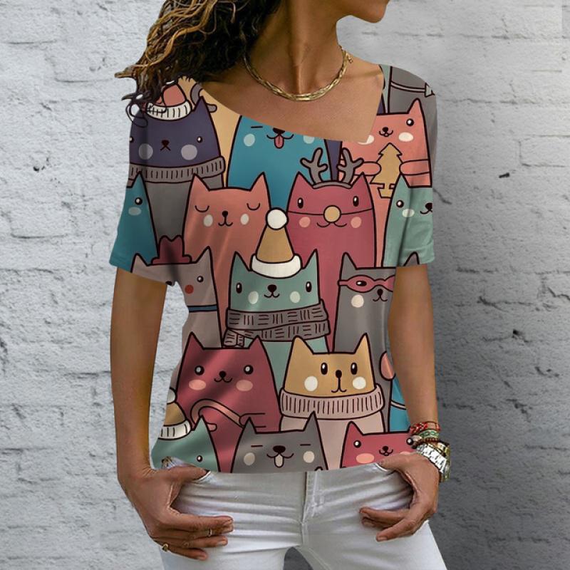 Женские футболки с v-образным вырезом, топы с короткими рукавами и принтом милых котов, летние модные повседневные футболки Kawaii, уличная женская одежда