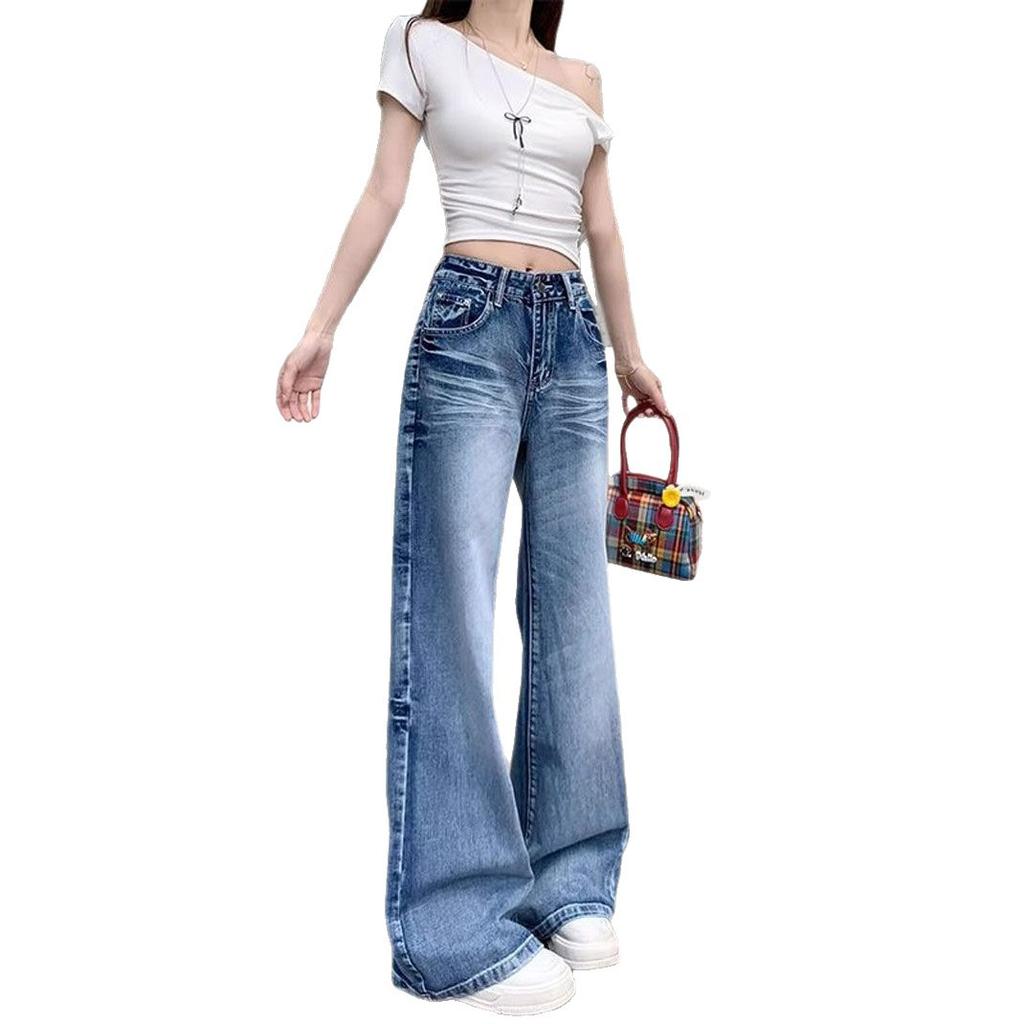 Vintage Washed Micro Flare Jeans Women High Waist Loose Thin Hundred Yards Straight Wide Leg Trailing Long Trousers Jeans for Women Long Denim Pants