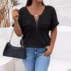 Spring and Summer New Solid Color Large Women's Top Zipper Short Sleeve Fake Pocket Pullover T-shirt Loose