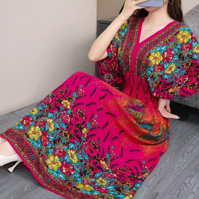 Этническое платье с V-образным вырезом и короткими рукавами из вискозы с французско-тайским принтом для женщин, к 25-летнему юбилею