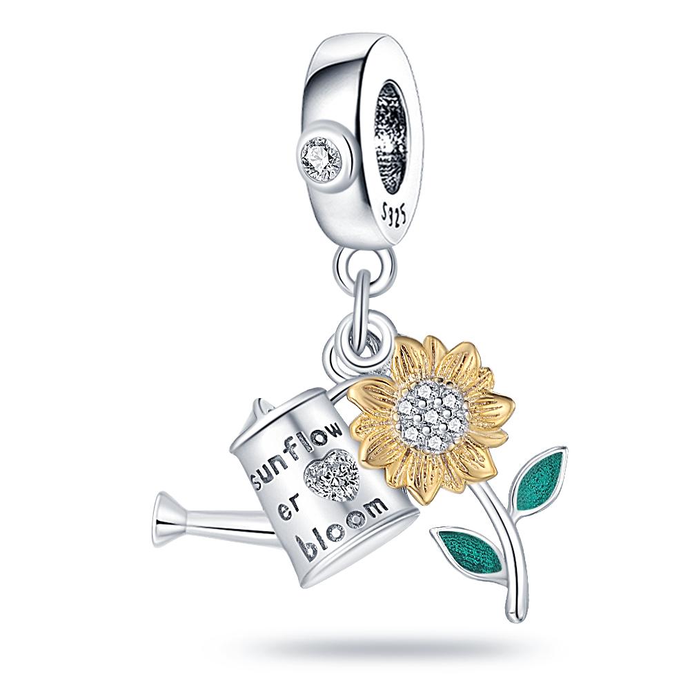 Подвески Plata Of Ley Серебряная пластина Розовое сердце ЛЮБОВЬ Цирконовые бусины Подсолнух Клевер Подвески Подвеска Fit Diy Браслеты DIY Ювелирные изделия