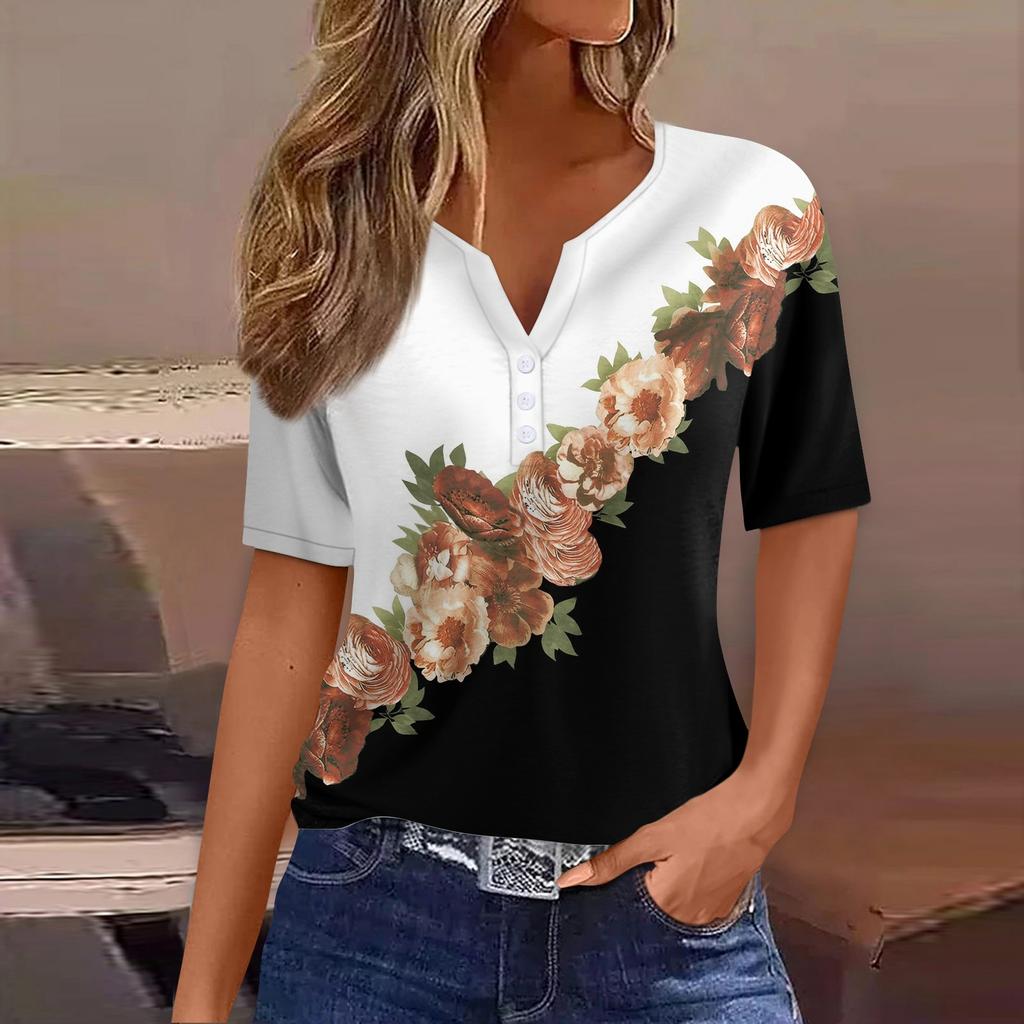 Women's T Shirt Tee Print Button Short Sleeve Daily Weekend Fashion Basic V- Neck Regular Top