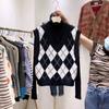 Свитер, женский жилет, лето 2023, корейский вязаный жилет в клетку с бриллиантами, женская верхняя одежда, свободный жилет без рукавов с v-образным вырезом, женский
