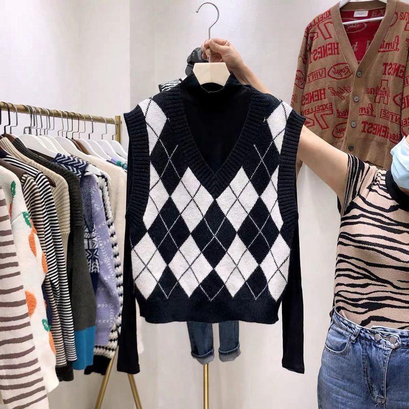 Свитер, женский жилет, лето 2023, корейский вязаный жилет в клетку с бриллиантами, женская верхняя одежда, свободный жилет без рукавов с v-образным вырезом, женский