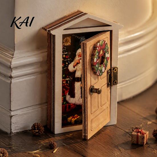 Metal Surface Decoration Elf Door Fridge Magnet with LED Light, Wooden Christmas Decorative Refrigerator Magnet, Openable Mini Magnetic for