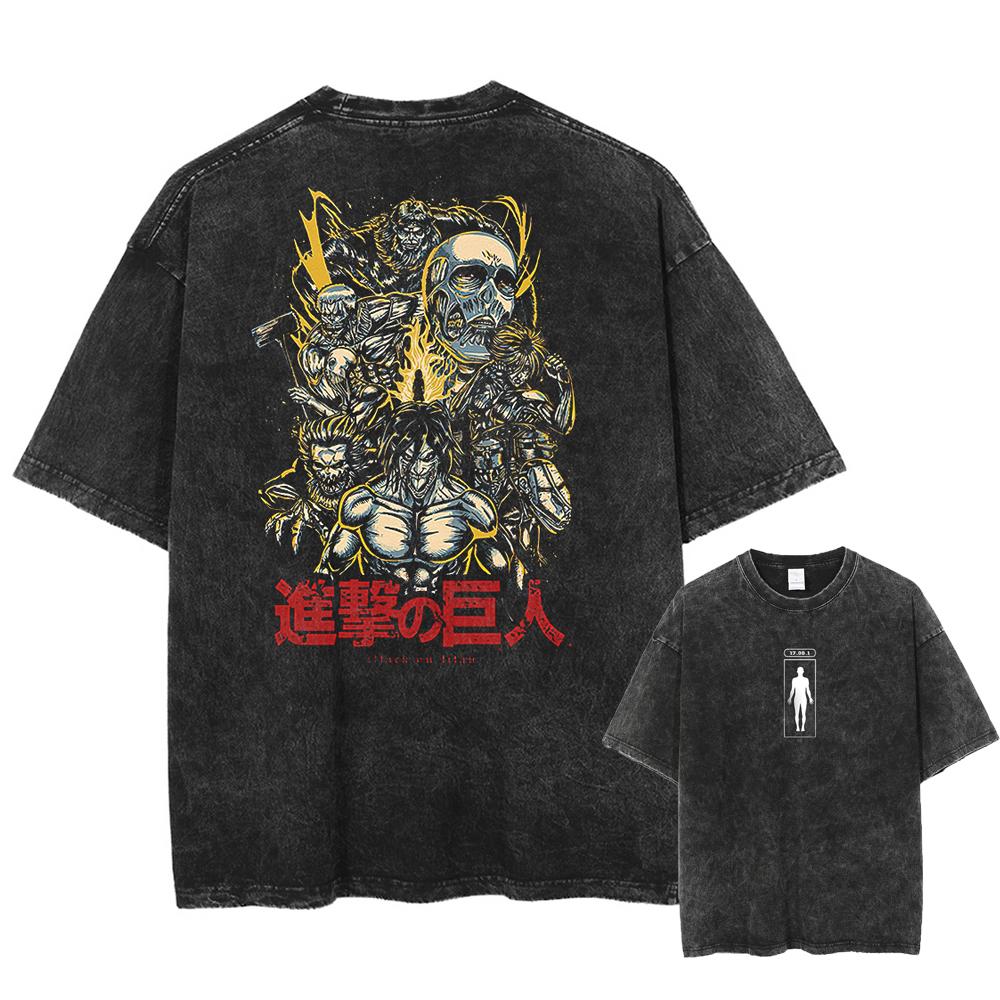 Hot Anime (Attack on Titan) Eren Yeager Graphic Washed T-Shirt Men's Oversized Manga T-Shirts Cotton Tee Men's Harajuku T-Shirt