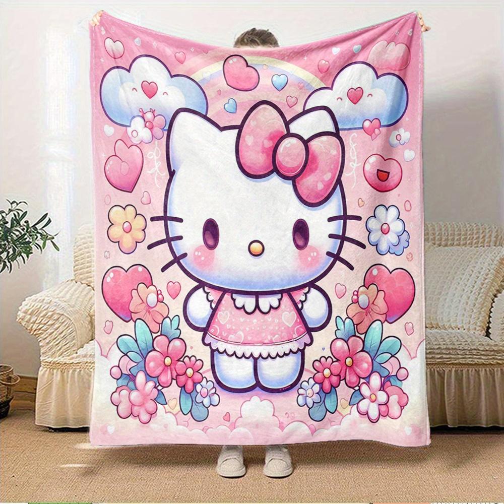 For Hello Kitty, Cute, PastelAnime-Themed Flannel Blanket, Glam Style, Digital Print, All-Season Comfort, Tear-Resistant, Knitted Craftsmans