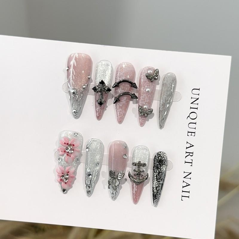 Handmade Pink Cat Eye Press-On Nails Long Pointed Shape 3D Floral Embossed Nail Tips Women