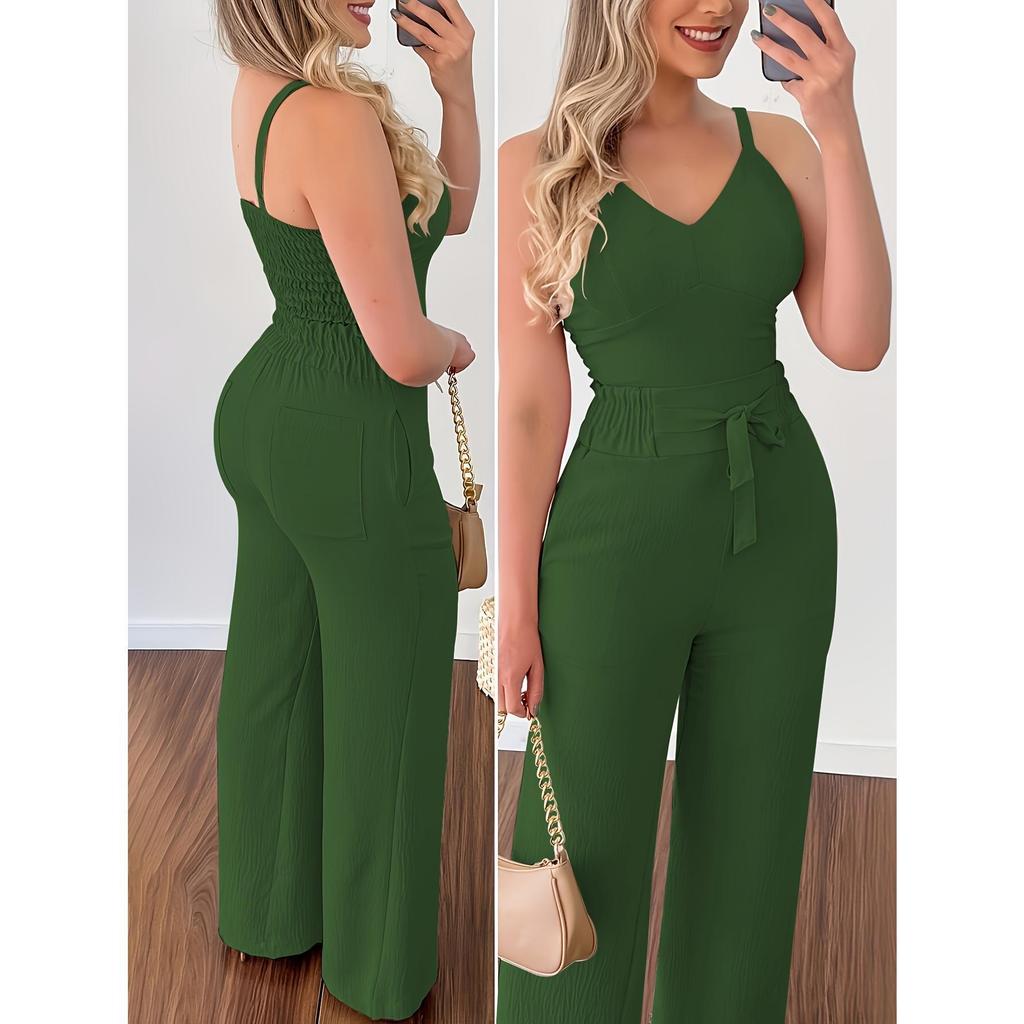 2023 Summer Sexy Backless V-Neck Spaghetti Strap Tank Top & High-Waisted Straight Leg Pants Set